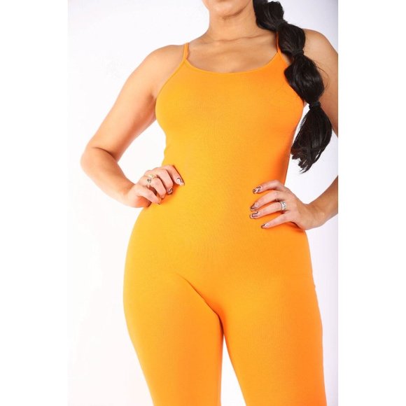 Boutique Pants - Women's Spaghetti Strap Orange Bodycon Tank One Piece Jumpsuits Rompers S M L